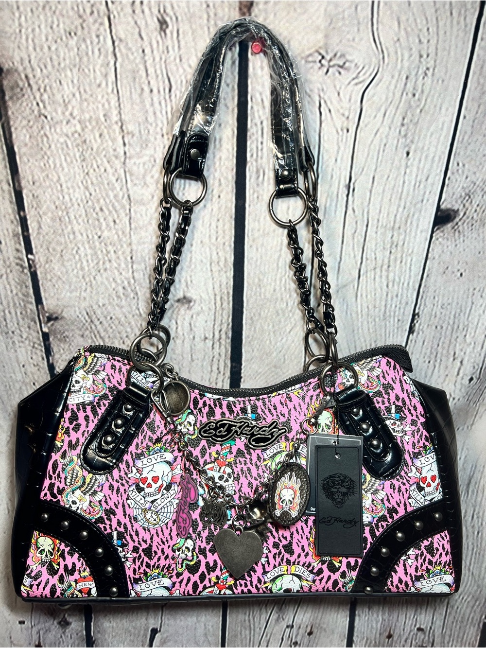 Ed Hardy Pink Skull & Tattoo-Print Chain Handle Shoulder Bag